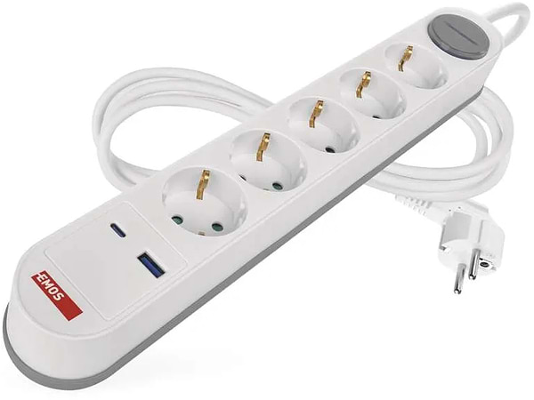 Фото - Удлинитель 220В EMOS P1523FC 5розетки 3м. 1xUSB-A+1xUSB-C