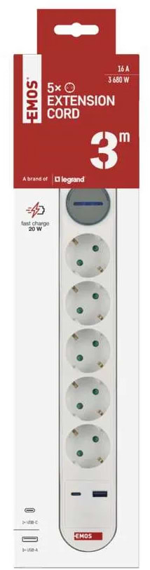 Фото - Удлинитель 220В EMOS P1523FC 5розетки 3м. 1xUSB-A+1xUSB-C