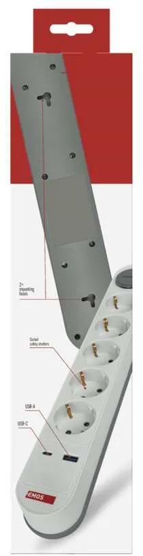 Фото - Удлинитель 220В EMOS P1523FC 5розетки 3м. 1xUSB-A+1xUSB-C