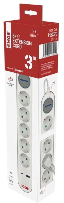 Фото - Удлинитель 220В EMOS P1523FC 5розетки 3м. 1xUSB-A+1xUSB-C