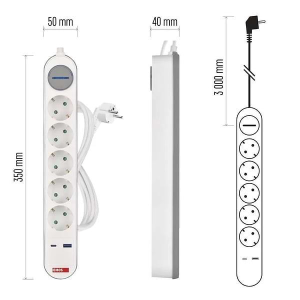Фото - Удлинитель 220В EMOS P1523FC 5розетки 3м. 1xUSB-A+1xUSB-C