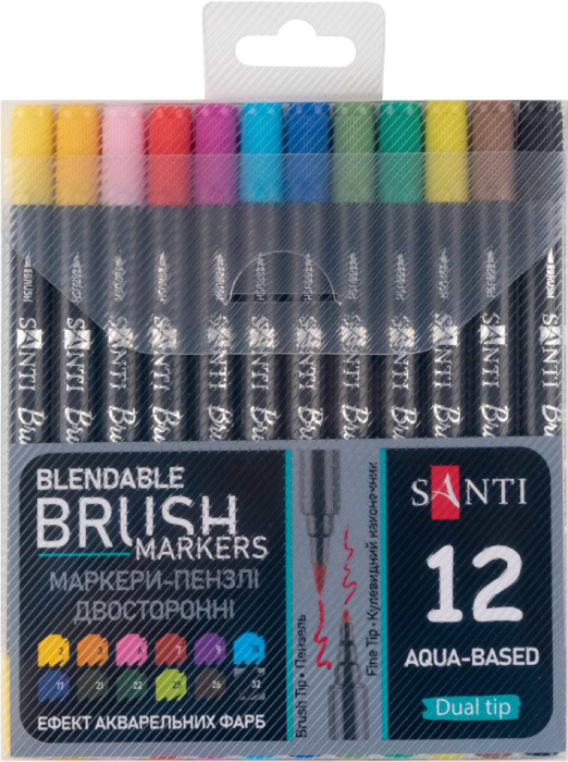 Набор маркеров Santi Brush Marker 12 шт. двухсторонние (391055)