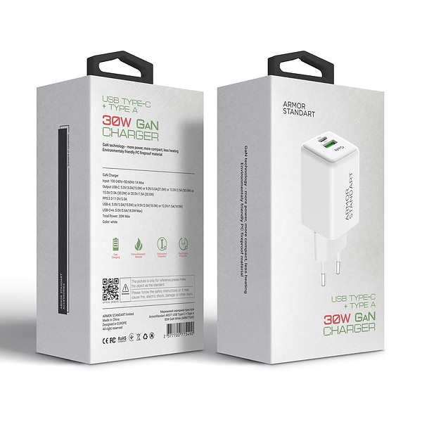 Фото - Сетевое зарядное устройство Armorstandart AR371 30W GaN Type-C + USB White (ARM77549)