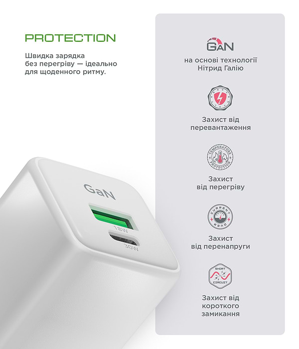 Фото - Сетевое зарядное устройство Armorstandart AR371 30W GaN Type-C + USB White (ARM77549)