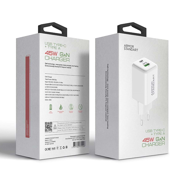 Фото - Сетевое зарядное устройство Armorstandart AR372 45W GaN Type-C + USB White (ARM77550)