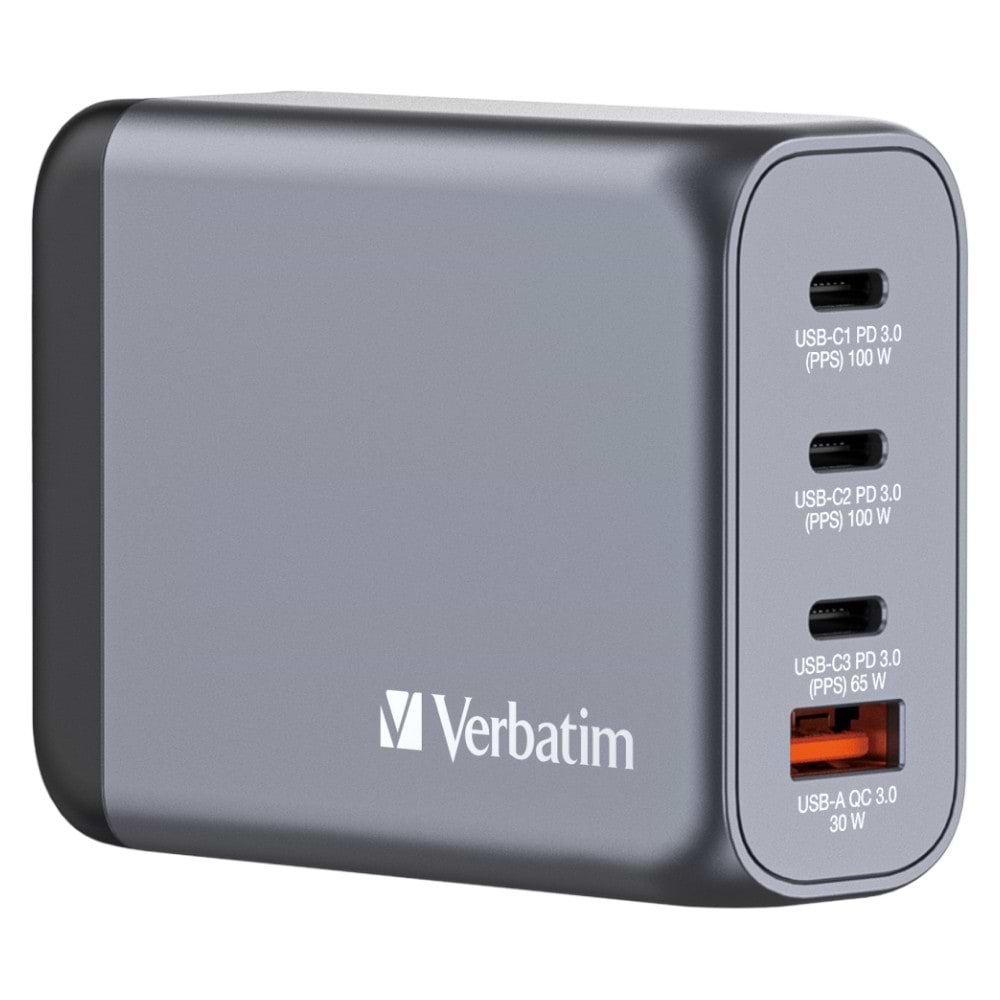 Мережевий зарядний пристрій Verbatim GaN 100 Вт 2xUSB-C-100 Вт,USB-C 65 Вт /USB-A -3.0 (32202)