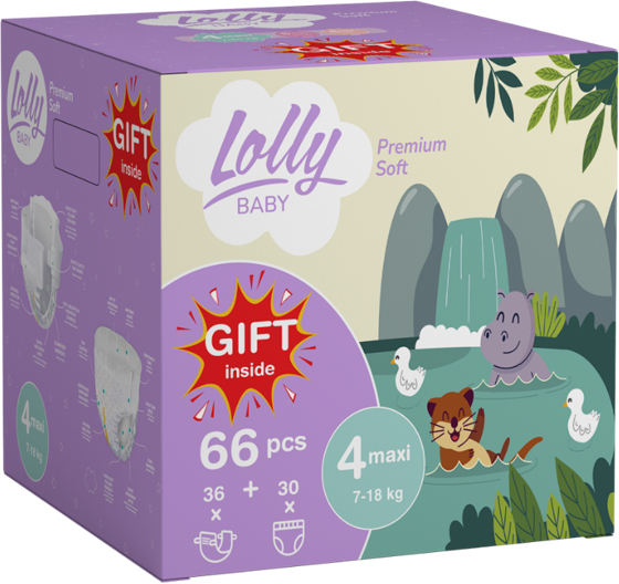 Одноразовые подгузники Lolly Набoр Premium Soft Размер 4 (7-18 кг.), 36 шт.+ подгузники-трусики, 30 шт. + подарок - Фото 1