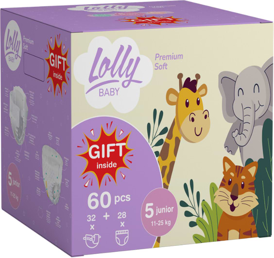 Одноразовые подгузники Lolly Набoр Premium Soft Размер 5 (11-25 кг.), 32 шт. + подгузники-трусики, 28 шт. + подарок - Фото 1