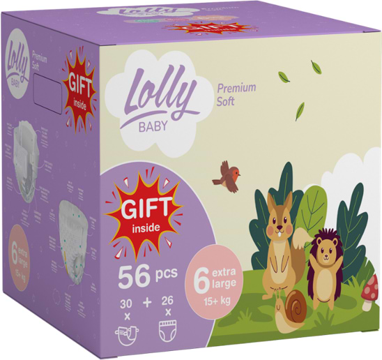 Одноразовые подгузники Lolly Набoр Premium Soft Размер 6 (15+ кг.), 30 шт. + подгузники-трусики, 26 шт. + подарок - Фото 1