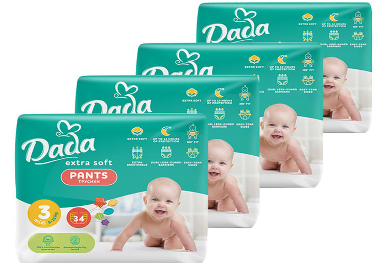 Одноразовые подгузники-трусики Dada Extra Soft Размер 3 (6–11 кг.), 136 шт. (34*4 шт.) (4820174989613) - Фото 1