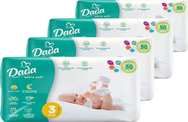 Одноразовые подгузники Dada Extra Soft Размер 3 (4-9 кг.), 200 шт. (50*4 шт.) (4820174989545) - Фото 1