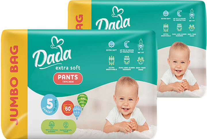 Одноразовые подгузники-трусики Dada Extra Soft Размер 5 (12–17 кг.), 120 шт. (60*2 шт.) (4820174989521) - Фото 1