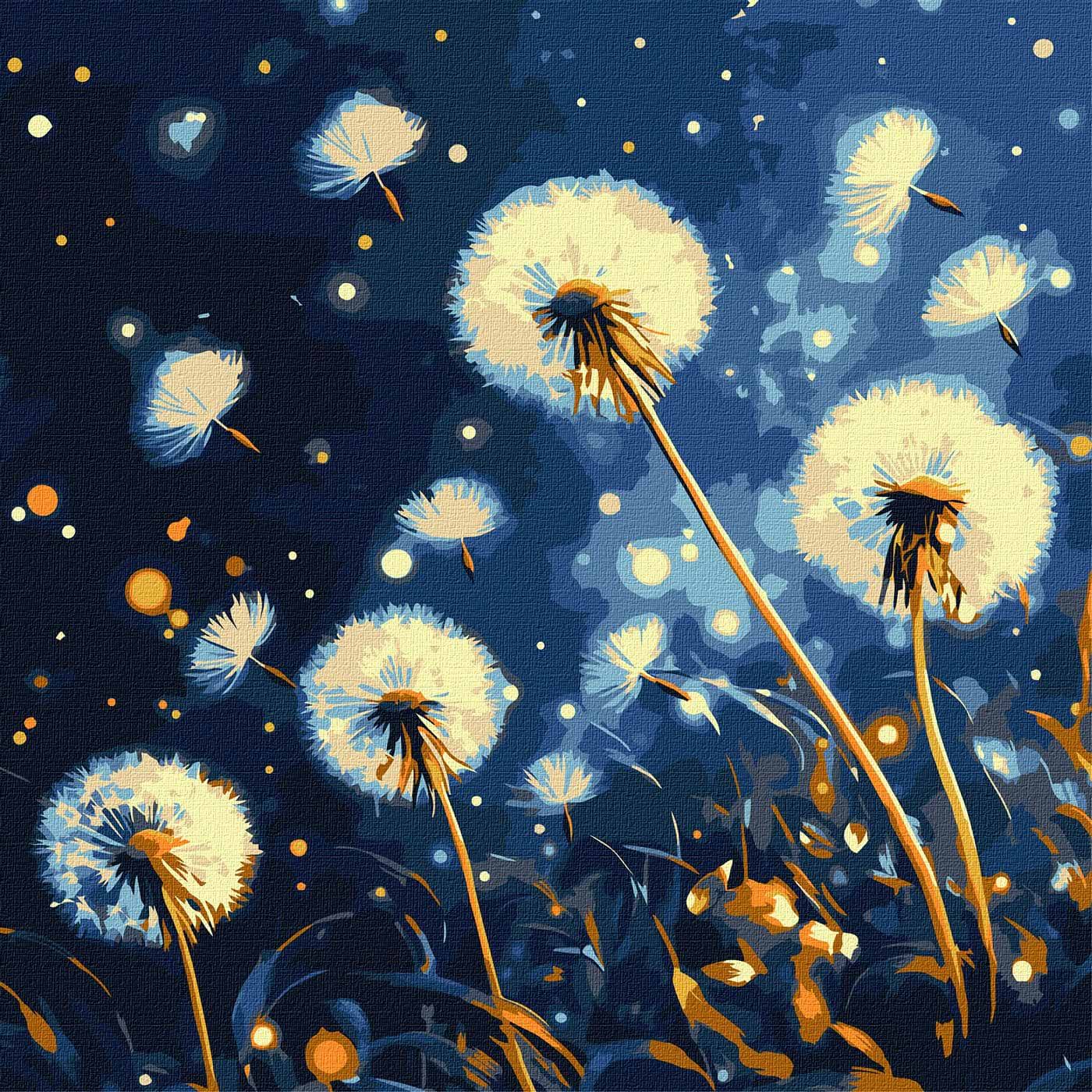 Картина по номерам Ideyka Летучие одуванчики в вечернем небе с красками металлик extra 40х40 см (KHO3314)