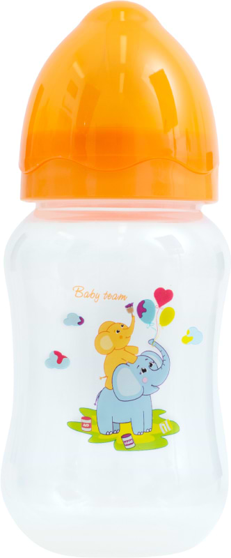 Пляшка для годування Baby Team з широким горлом та силіконовою соскою, 250 мл (1002_помаранчевий)
