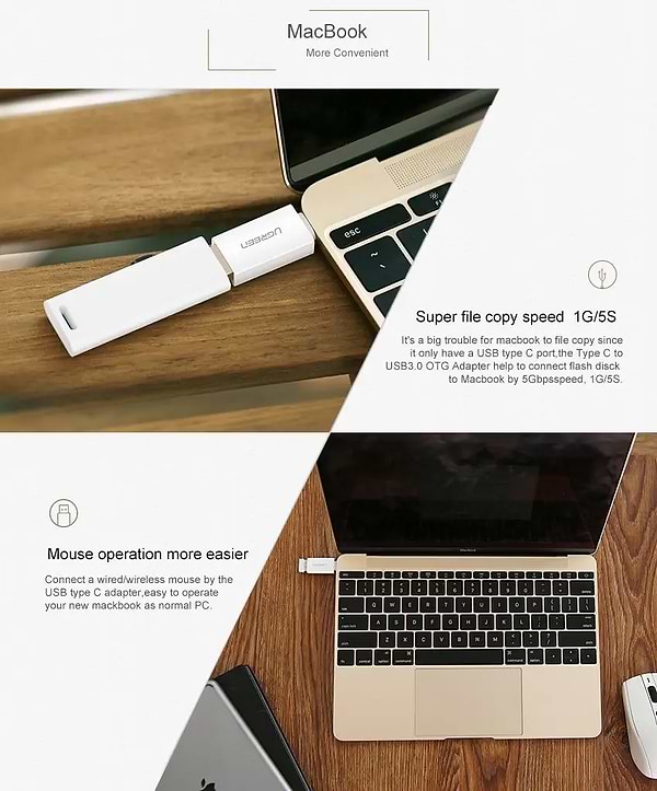 Фото - Переходник UGREEN US173 USB Type-C to USB 3.0 Female OTG Adapter White (30155)