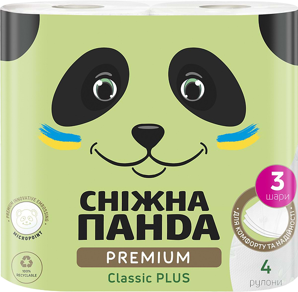 Фото - Туалетная бумага Сніжна панда Премиум Классик Плюс, 3 слоя, 4 рулона (4820183972828)