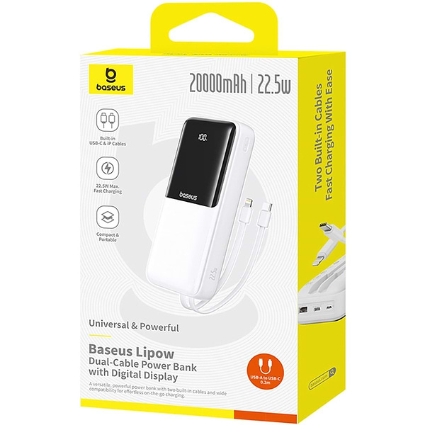 Фото - Батарея мобильная Baseus 20000mAh Lipow 22,5W PD,QC USB-A,MicroUSB,USB-C In/Out, Built-In Lightning/USB-C cable (P10079102213-00)