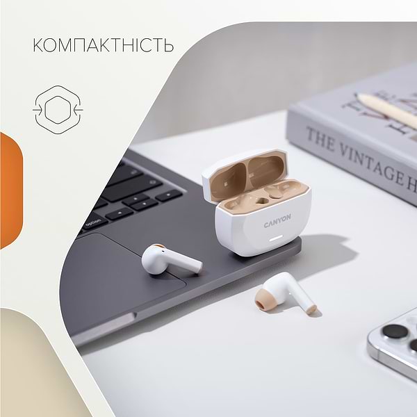 Фото - Наушники вкладыши беспроводные TWS Canyon Hexagon 7 TWS ANC+ENC Wireless Charge White Beige (CNS-TWS7WB)