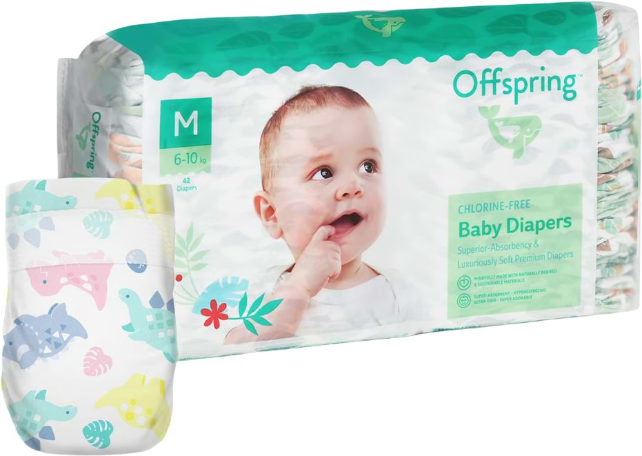 Одноразові підгузки Offspring розмір M 6-10 кг 42 шт. Діноленд (DP-OI-FAT-M42P-DNL)