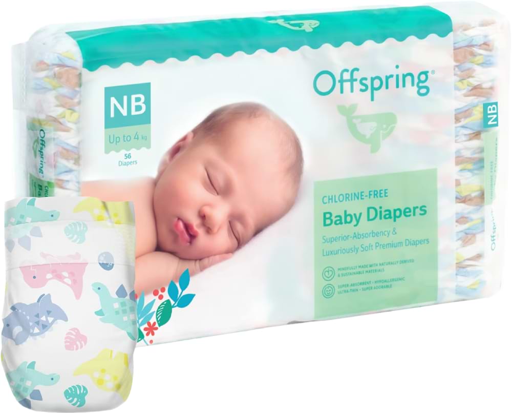 Одноразові підгузки Offspring розмір NB до 4 кг 56 шт. Діноленд (DP-OI-FAT-NB56P-DNL)