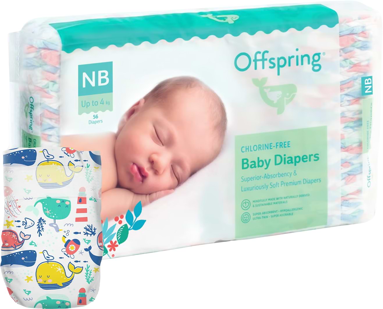 Одноразові підгузки Offspring розмір NB до 4 кг 56 шт. Кити (DP-OI-FAT-NB56P-WTW)