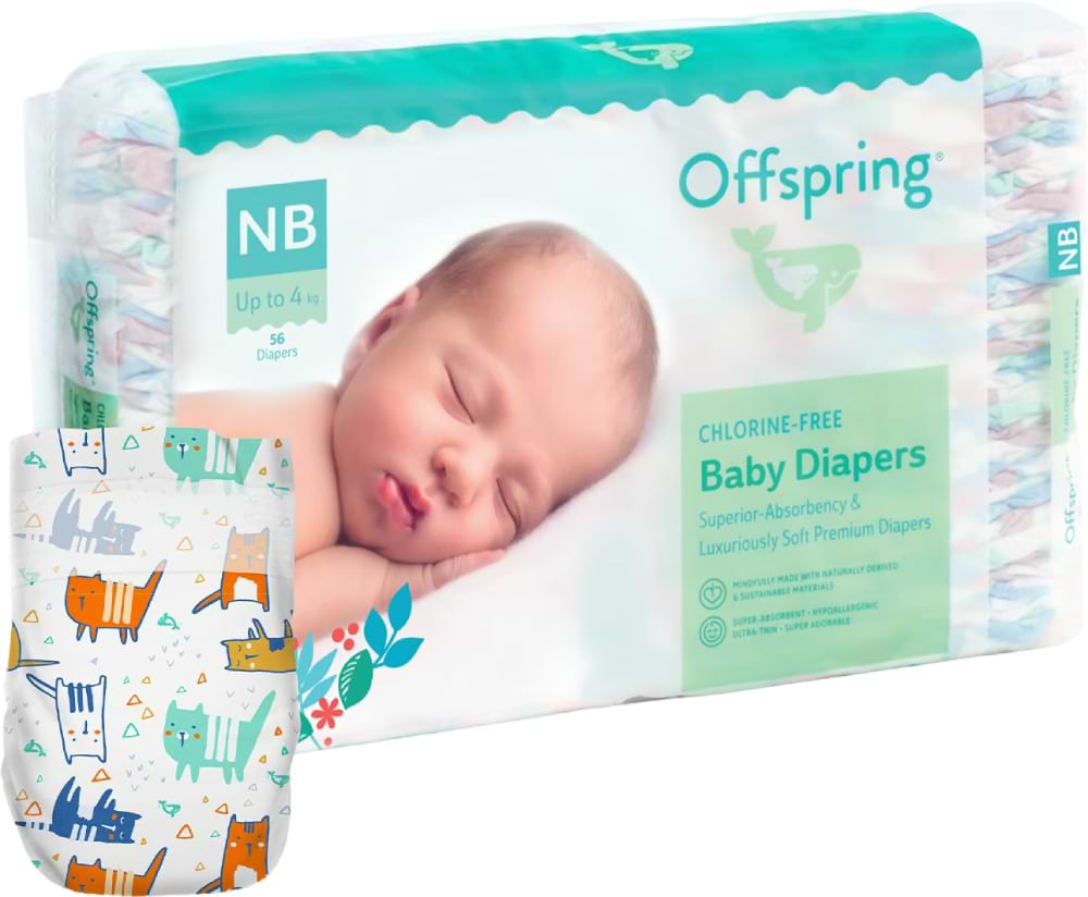 Одноразові підгузки Offspring розмір NB до 4 кг 56 шт. Котики (DP-OI-FAT-NB56P-MTC)
