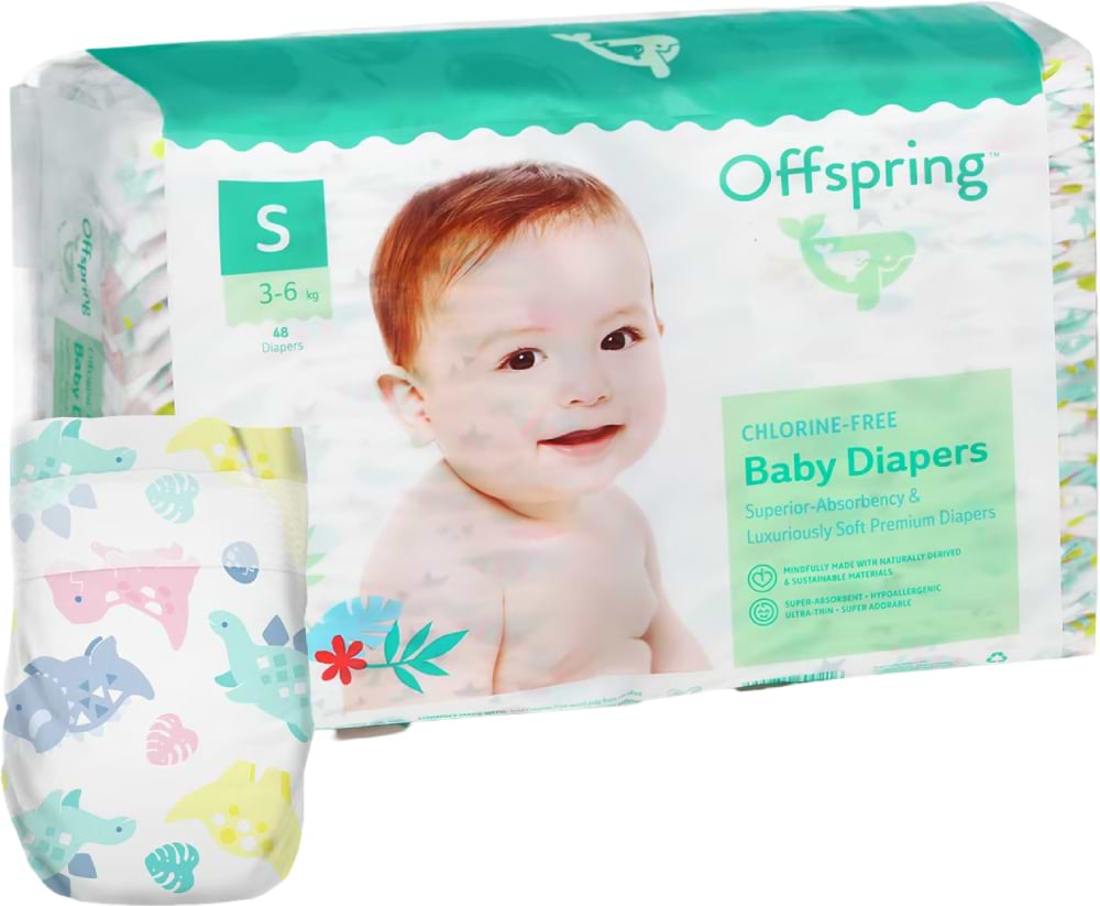 Одноразові підгузки Offspring розмір S 3-6 кг 48 шт. Діноленд (DP-OI-FAT-S48P-DNL)