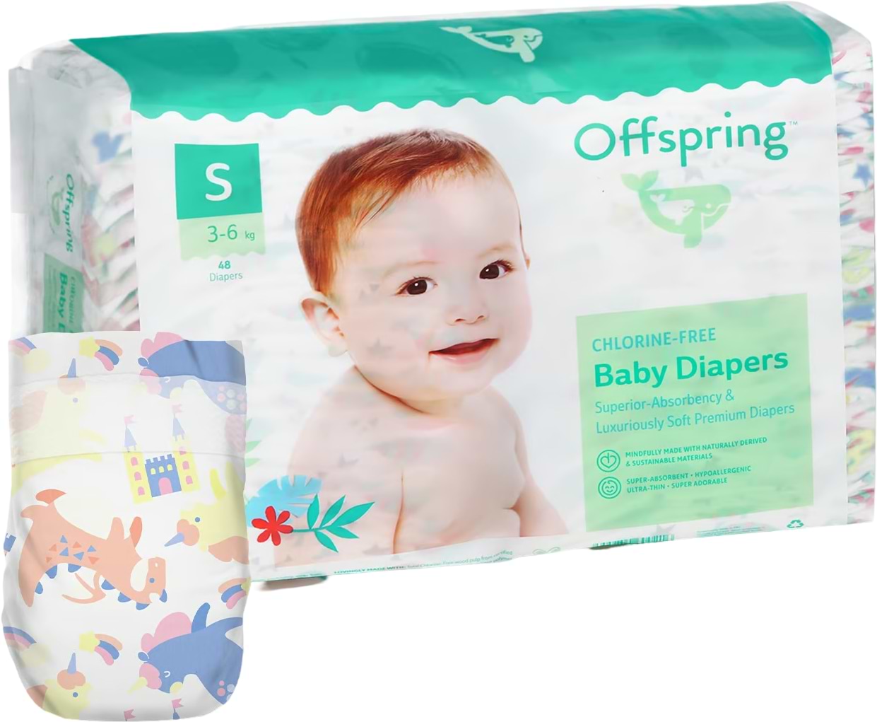 Одноразові підгузки Offspring розмір S 3-6 кг 48 шт. Казковий світ (DP-OI-FAT-S48P-FRT)