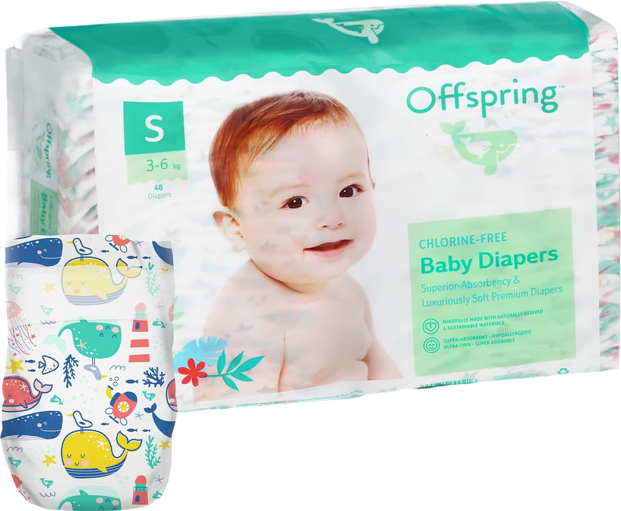 Одноразові підгузки Offspring розмір S 3-6 кг 48 шт. Кити (DP-OI-FAT-S48P-WTW)