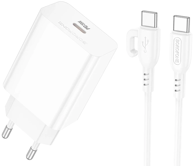 Мережевий зарядний пристрій BOROFONE BA21A Pro Long journey single port PD20W charger set(C to C) White (6941991111426)
