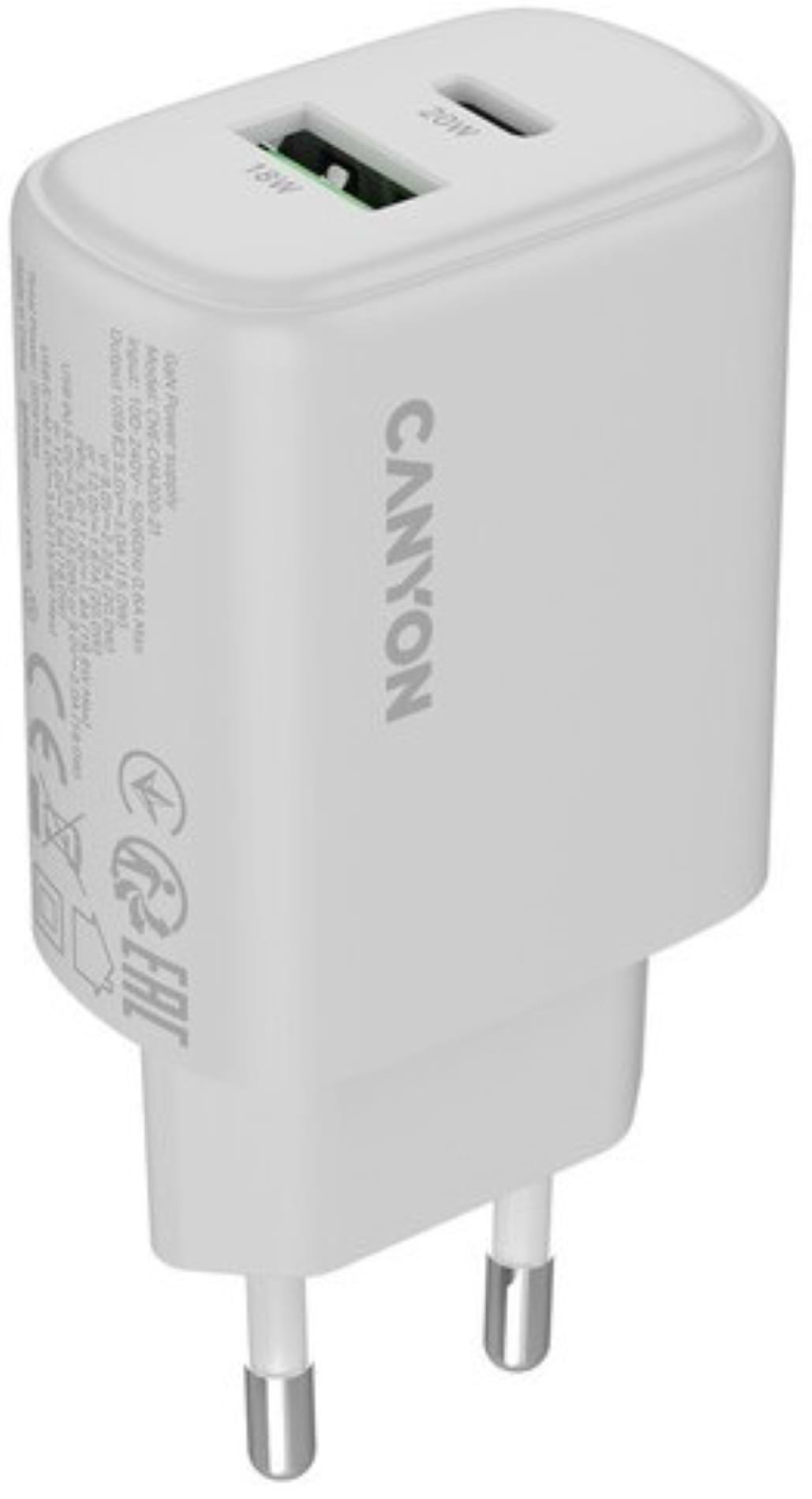 Мережевий зарядний пристрій Canyon OnCharge 200 20W 1xPD 1xQC EU White (CNE-CHA200-21) - Фото 1