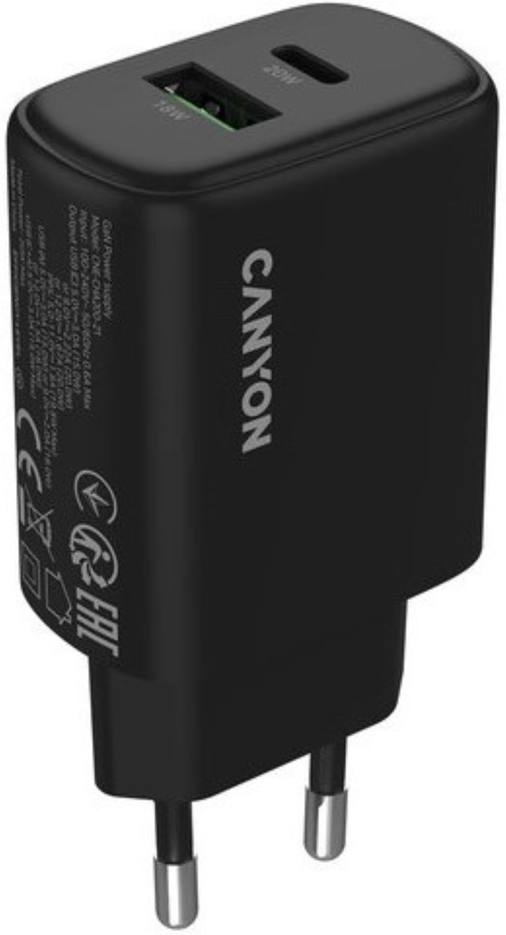 Сетевое зарядное устройство Canyon OnCharge 200 20W 1xPD 1xQC EU Black (CNE-CHA200-31)