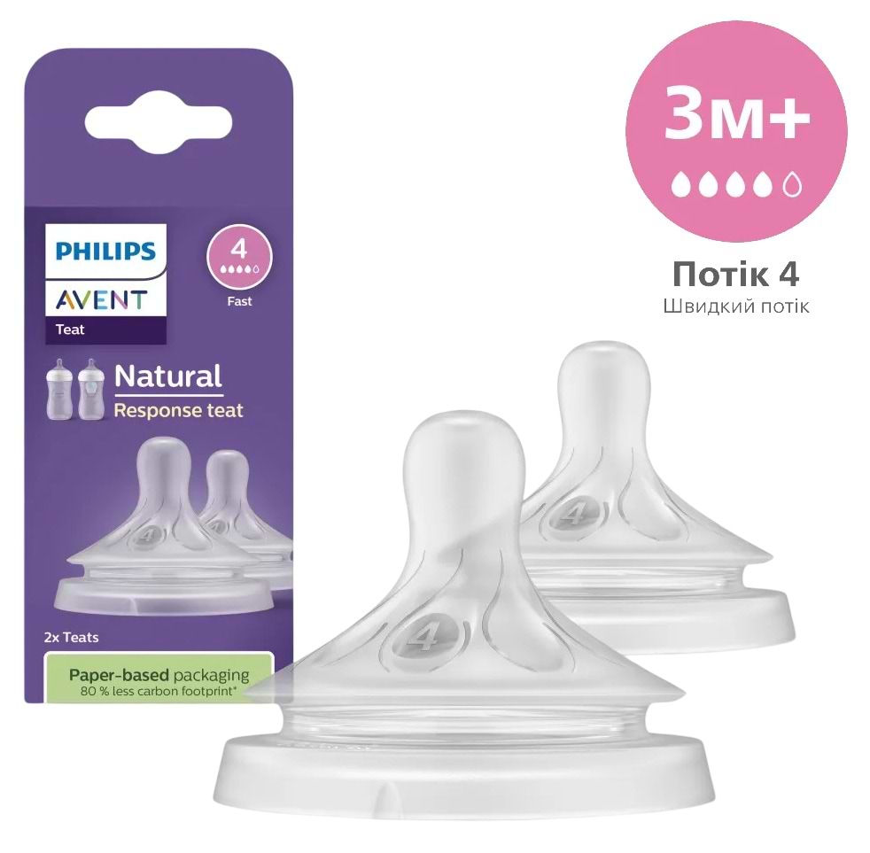 Средний поток соска детская силиконовая Philips AVENT Natural природный средний поток, от 3 мес., 2 шт. (SCY964/02) - Фото 1