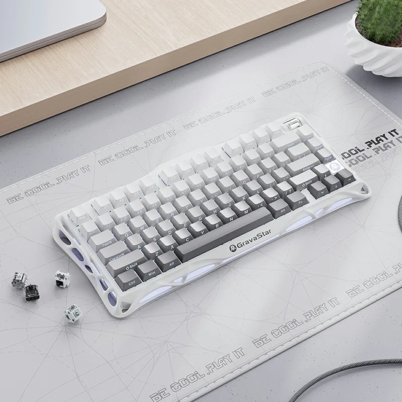 Фото - Клавиатура беспроводная игровая GravaStar Mercury K1 80keys Cheery Pink BT/WL/USB White (GSK1_GWHT)