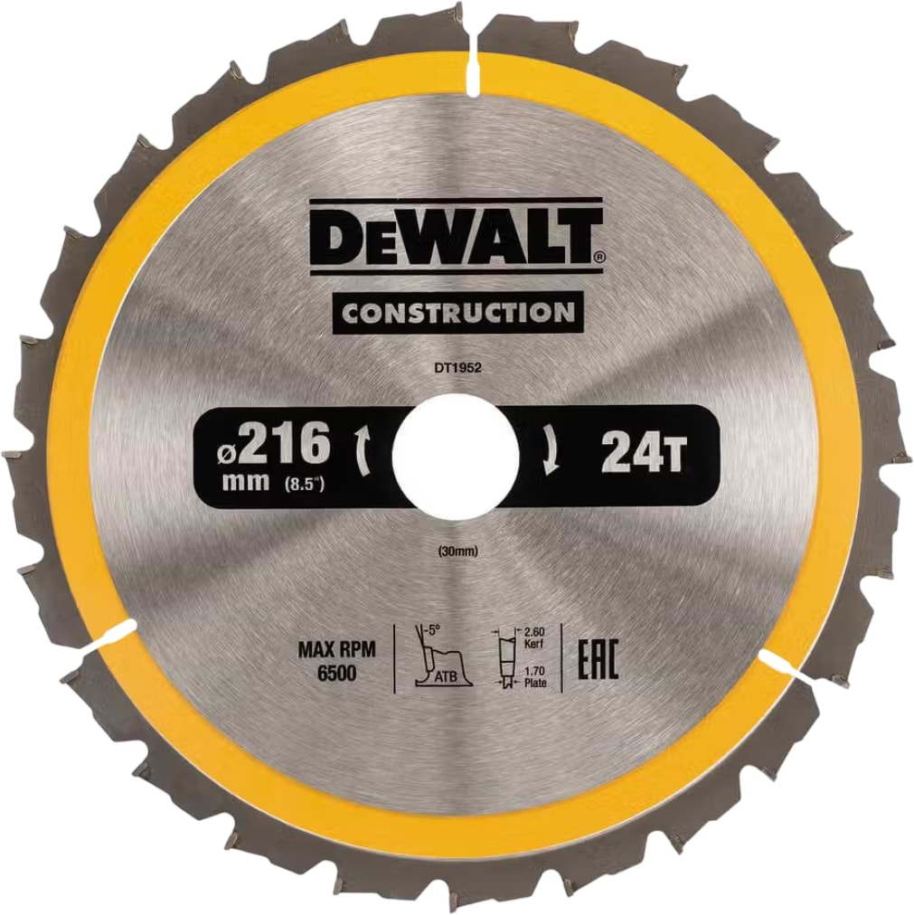 Круг відрізний по дереву DeWALT СONSTRUCTION 216х30 мм (DT1952)