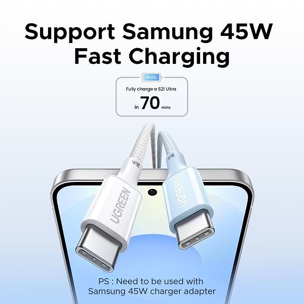 Фото - Кабель синхронізації даних UGREEN L502 USB-C to USB-C PD 100W 5A 2m White (35221)