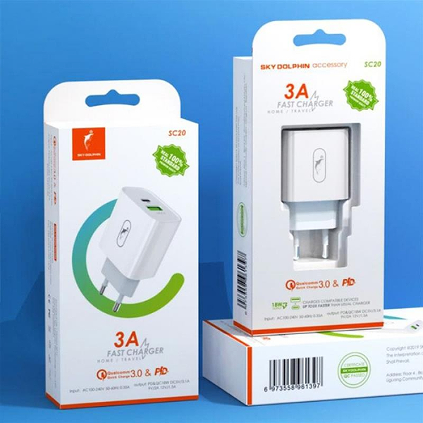 Фото - Сетевое зарядное устройство SkyDolphin SC20 PD+QC3.0 2USB 3A White (SDMZP-000121)