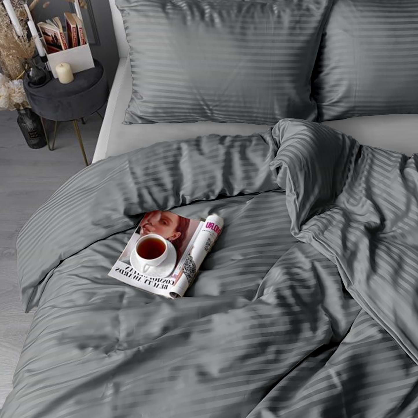 Комплект постельного белья Zastelli Gray Stripes/Pearl Blue сатин 200х220 см серый (21860)