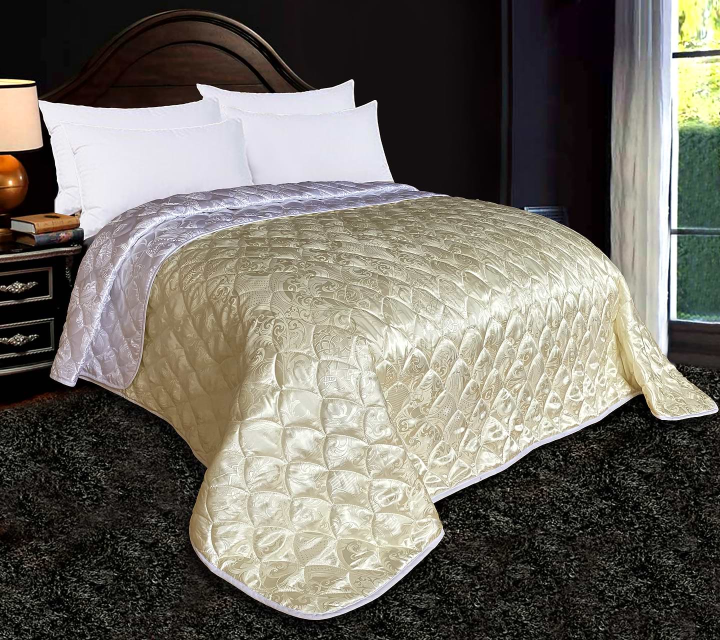 Покривало двоспальне Zastelli жаккардове Перлина JQ11/JQ10 двостороннє стьобане 240х260 см Молочний / Білий (20703)