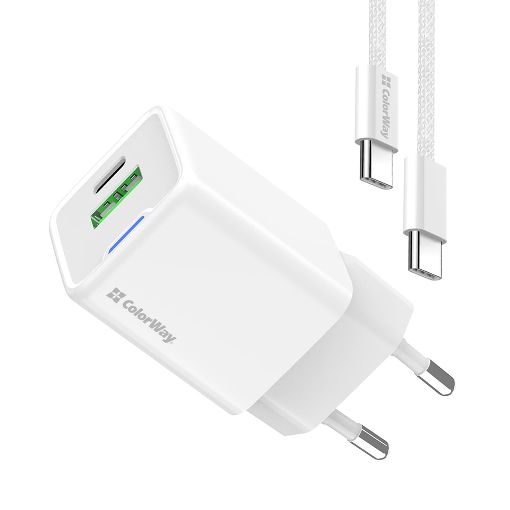 Сетевое зарядное устройство Colorway GaN Mini 20W PD Port PPS USB (Type-C PD + USB QC4.0) cable Type-C (CW-CHS062PDC-WT) - Фото 1