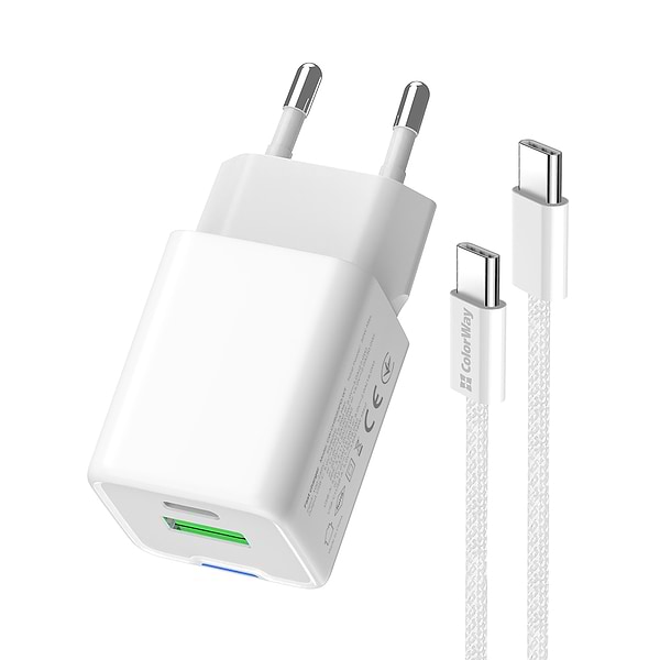 Фото - Сетевое зарядное устройство Colorway GaN Mini 20W PD Port PPS USB (Type-C PD + USB QC4.0) cable Type-C (CW-CHS062PDC-WT)