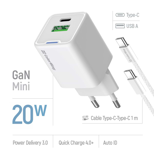 Фото - Сетевое зарядное устройство Colorway GaN Mini 20W PD Port PPS USB (Type-C PD + USB QC4.0) cable Type-C (CW-CHS062PDC-WT)