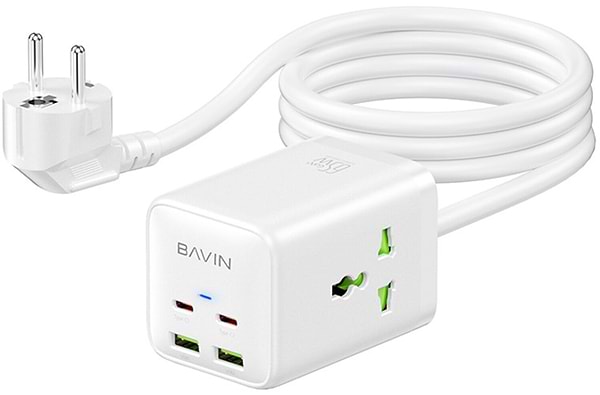 Фото - Сетевое зарядное устройство Bavin PC2026Y 65W GaN Super Quick Charger QC4.0 + 2 PD3.0 Type-C + 2 USB-A 3A PPS + 2 AC 250V 2500W 1.5M White (C-S-PC2026Y WH)