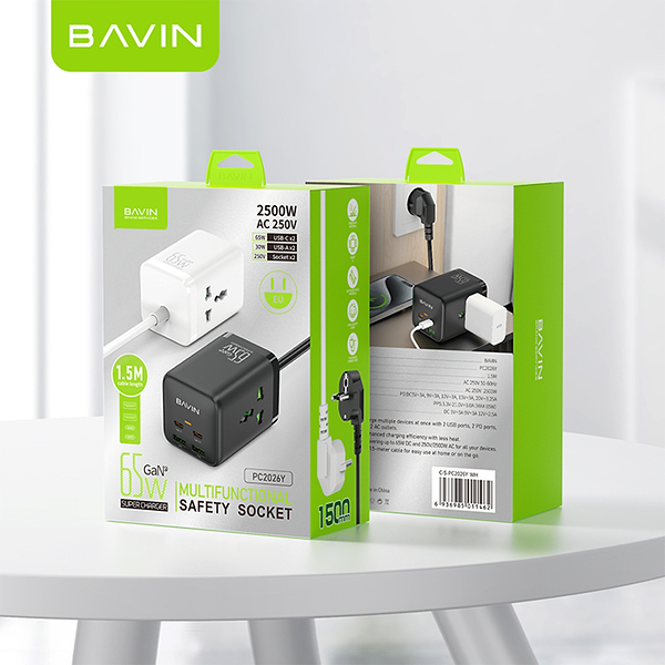 Фото - Сетевое зарядное устройство Bavin PC2026Y 65W GaN Super Quick Charger QC4.0 + 2 PD3.0 Type-C + 2 USB-A 3A PPS + 2 AC 250V 2500W 1.5M White (C-S-PC2026Y WH)
