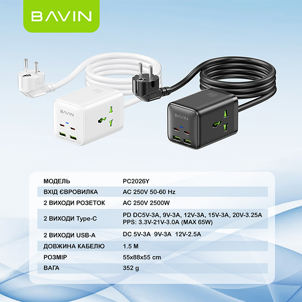 Фото - Сетевое зарядное устройство Bavin PC2026Y 65W GaN Super Quick Charger QC4.0 + 2 PD3.0 Type-C + 2 USB-A 3A PPS + 2 AC 250V 2500W 1.5M White (C-S-PC2026Y WH)