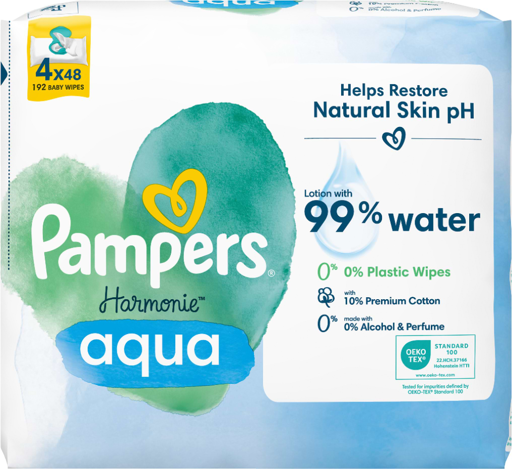 Вологі серветки для немовлят Pampers Harmonie Aqua, 192 шт. (4*48 шт) (80816912) - Фото 1