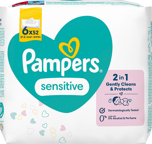 Фото - Влажные салфетки для грудничков Pampers Sensitive, 312 шт. (6*52 шт) (80777992)