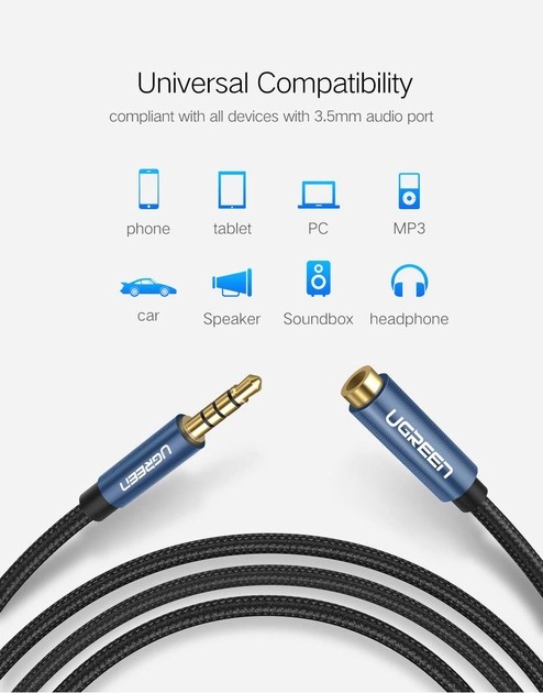 Фото - Кабель 3.5 мм -3.5 мм UGREEN AV118 3.5mm Male to 3.5mm Female Extensioin Cable 1m Blue (40673)