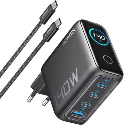 Мережевий зарядний пристрій Anker Laptop GaN Charger 140W, 3xUSB-C PD3.1 & 1xUSB-A w Display and Cable Black (B2697GZ1) - Фото 1