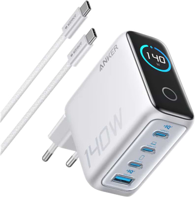 Сетевое зарядное устройство Anker Laptop GaN Charger 140W, 3xUSB-C PD3.1 & 1xUSB-A w Display and Cable (Silver) (B2697G41) - Фото 1